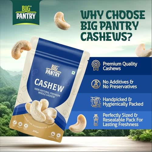 Image of BIG Pantry Raw Cashew Nuts 200g | Whole Kaju | Natural Raw Cashews | Protein Rich Dry Fruit | Gluten Free | Plant-Based Snack | Healthy Everyday Nut (Pack Of 2)