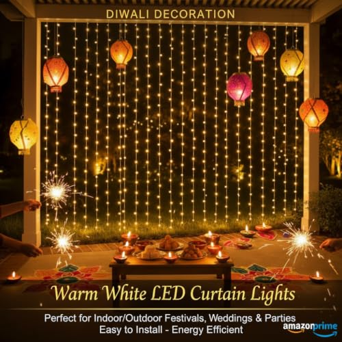 Image of MIRADH 180 LED 9.8 Feet Window Curtain String Light Wedding Party Home Garden Bedroom Diwali Lights for Decoration, Diwali Lights for Home (Warm-White Led Curtain 3M x 3M)