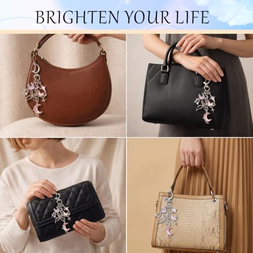 Image of Zibuyu Silver Alloy Keychain, Pink Moon Star Butterfly Dangle Bag Charm | Adds Style to Bags, Helps Locate Keys, Silver Alloy, Multi-Chain Dangle, Pearl Bow Accents, Wipe Clean