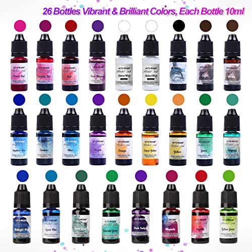 LET’S RESIN Alkohol Tinte Set - 26 Farben Alcohol Ink zur Epoxidharz Malerei, Hochkonzentrierte Tinte auf Alkoholbasis, konzentrierte Epoxidharzfarbe Farbstoff für Harz Kunst, Malen - je 10 ml