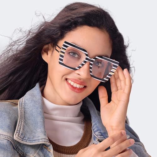 Image of Zeelool Oversized Blue Light Glasses for Woman Black White Stripe Square Eyeglasses Fashion Computer Eyewear Anti Eyestrain Poutine JGX444789-10B