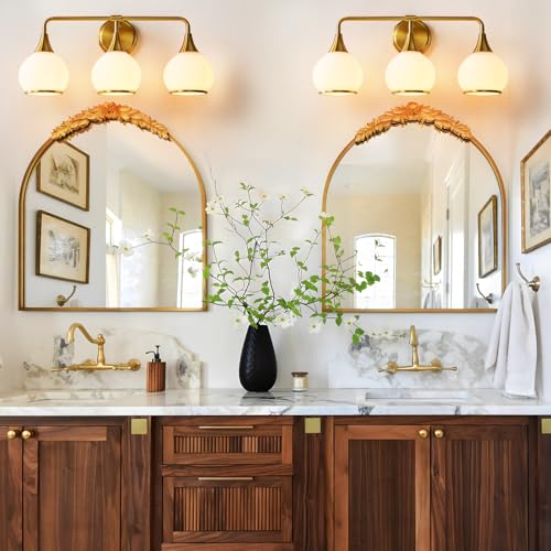 Image of Brushed Gold Bathroom Light Fixtures 3-Lights Vanity Lights with Milky White Frosted Glass Shade Bathroom Vanity Light 22.4 inch Wall Sconce Lighting Bath(Exclude E26 Bulb)