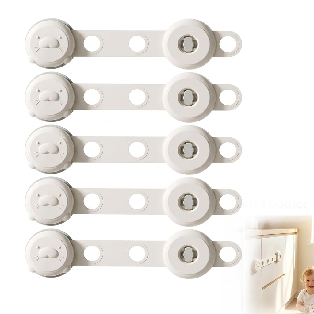 5 PCS Adjustable Cupboards Straps Locks, Childproof Locks for Cabinets, Ovens,Toilets, Fridges, Cupboard, Baby Safety Drawer Locks with 4-Level Alignment, No Drilling (White)