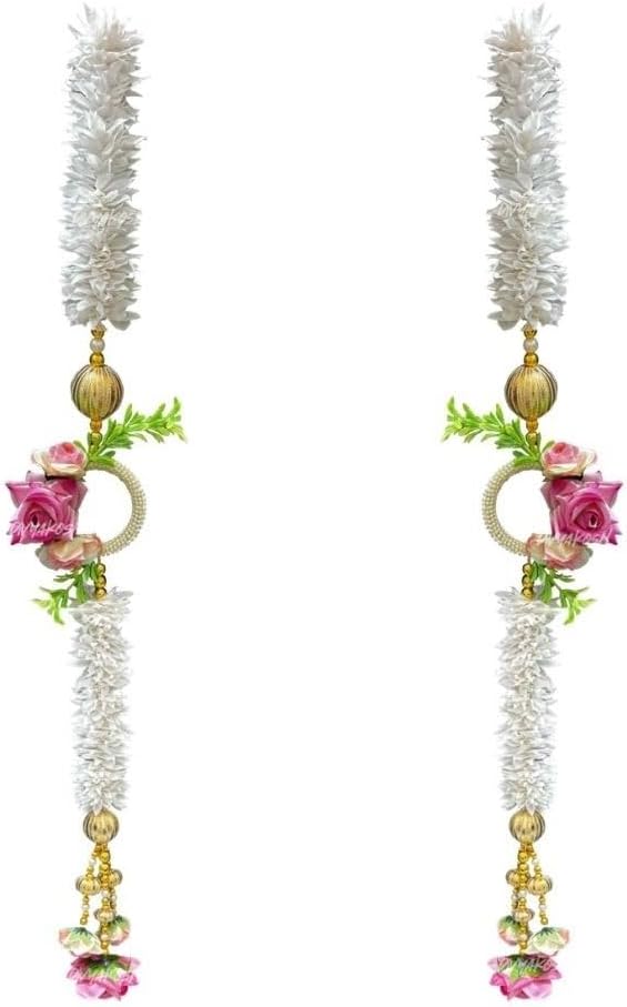 Divyakosh White Gajra Flowers with Pink Rose Multipurpose Wall Side Hanging Pack of 2 Strings, Artificial Flower Latkan for Temple|Diwali Pooja Door Décoration - 28 Inch
