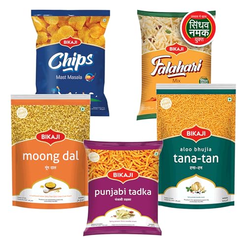 Bikaji Snacks Combo – TANA-TAN (Aloo Bhujia) & FALHARI MIX & BIKAJI POTATO CHIPS MAST MASALA & Moong Dal & PUNJABI TADKA | 5 Pack Variety | Bar Snacks, Party Mix & Tea-Time Treats – 880g