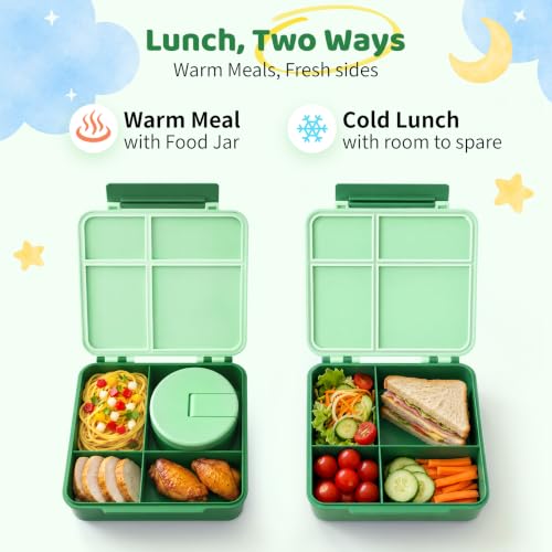 Image of Bento Lunch Box with 8oz Soup Thermo, Kids Leakproof Lunch Food Containers with 4 Compartment, Kids Thermo Insulated Hot Food Jar for School, Trvael-Green
