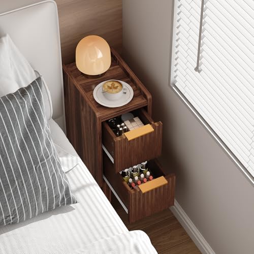 Image of 7.9 inch Narrow Fluted Nightstand Set of 2, 20.6 inch H Small Side Table, Walnut