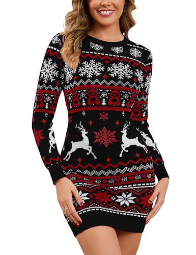 Namatime Strickkleid Damen Weihnachtskleid Rundhals Kleid Weihnachten Pulloverkleid Rentiere Pullikleid mit Schneeflocken Muster Für Winter Freizeit...