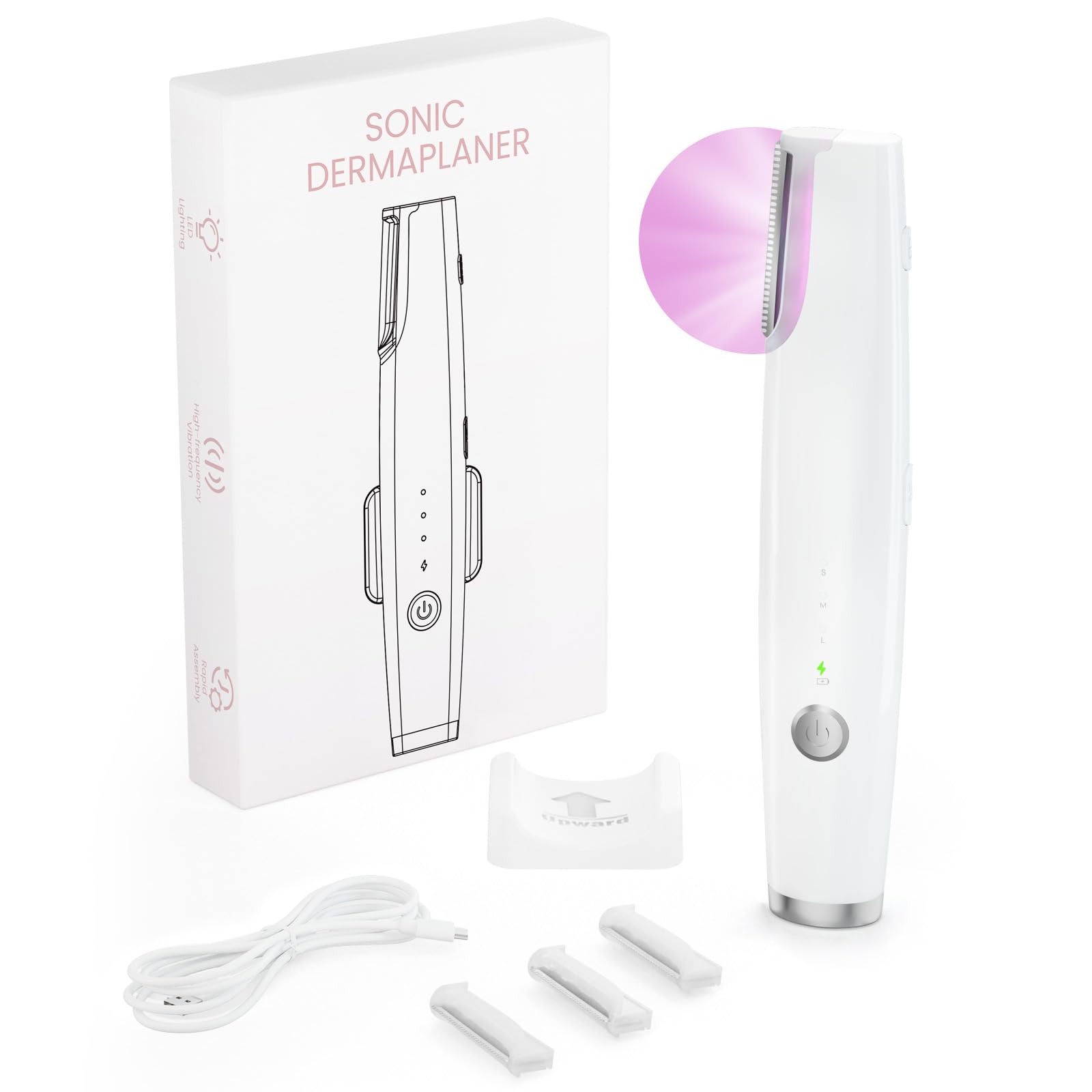 Sonic Dermaplane Razor for Women Face, Smooth Exfoliation & Peach Fuzz Facial Hair Removal, Edge Technology with LED Light, 3 Speeds Rechargeable Dermaplaning Tool with 3 Replacement Blades, White