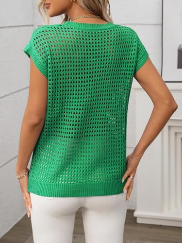 Image of Womens Crochet Tops Cap Sleeve Summer Sweater Crew Neck Beach Cover Ups Lightweight Knit Pullover