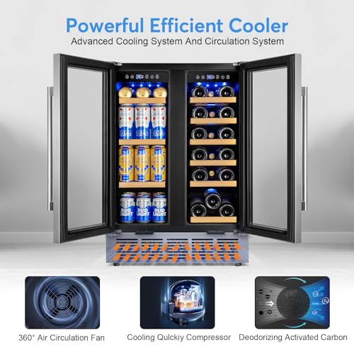 Image of Wine and Beverage Refrigerator with Glass Door, 24-Inch Dual Zone Wine Fridge Under Counter - 18 Bottle and 88 Can Large Capacity Led Blue Light Smart Fast Cooling Wine Cooler