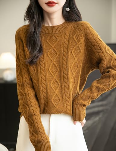 Women's 100% Merino Wool Sweater 2025 Fall Winter Casual Crewneck Long Sleeve Vintage Cable Knitted Sweater4