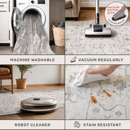 Image of Washable 2x3 Throw Rugs for Entryway, Front Door Mat, Low Pile Non-Slip Small Area Rugs for Kitchen, Bathroom, Powder Room, Mudroom, Neutral Light Gray & Sage with Floral Accent