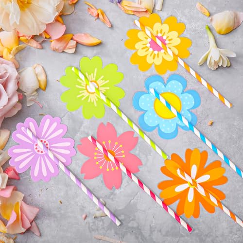 60 sets de pitillos de papel con diseño floral y rayas miniatura 3