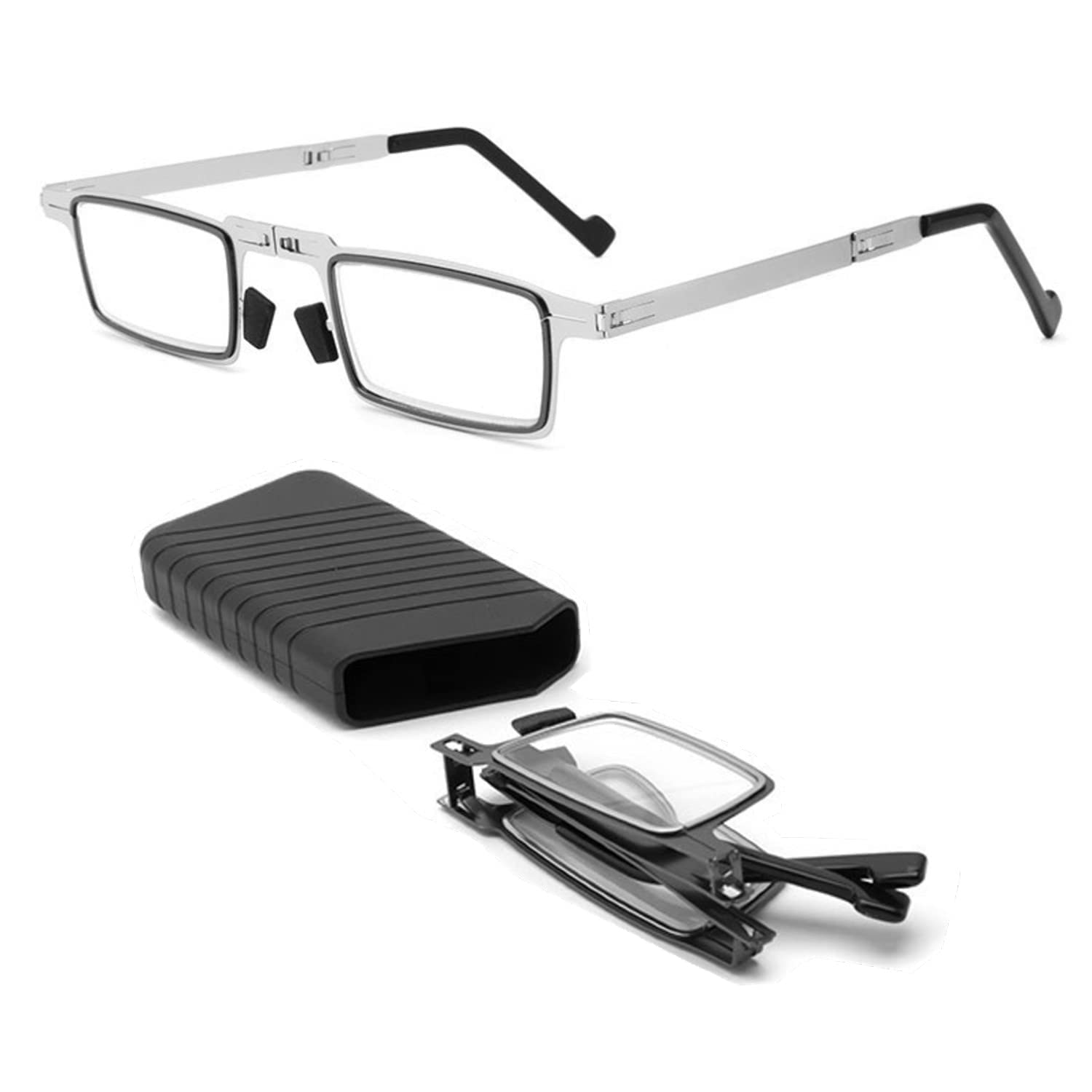 MARAXIS Foldable Metal frame Rectangular Glasses for Clear Vision,Powered Reading Glasses with Durable Frame,Transparent Glasses for & Women(+2.0,Pack of 1)