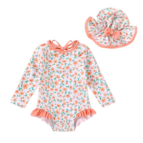 Image of YOUNGER TREE Infant Baby Girls Swimsuit Long Sleeve Swimsuits One Piece Swimsuit Solid Color Bathing Suit with Hat, UPF 50+