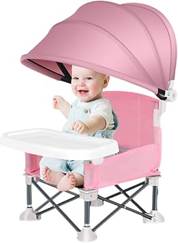 Baby High Chair, Foldable Booster Seat Dining Chair, Portable Baby Beach Chair with Removable Tray and Sunshade for Baby Seat Travel High Chair, Baby Feeding Chair for Outdoor Picnic, Party,