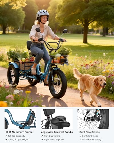 Image of MOONCOOL Electric Tricycle for Adults, 20 inch x 4 inch Fat Tire Folding Electric Trike, 48V 500W 3 Wheel Electric Bike, 7 Speed E Trikes for Adults with Removable Battery, Aluminum Frame & Large Basket