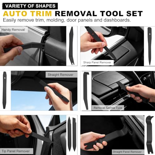 Image of 18 Pcs Auto Trim Removal Tool Kit with Non-Scratch Plastic Pry Tool Fastener Clip Pliers and Tire Caps Valve, Interior Door Panel Clip Removal Set for Vehicle Dash,Black