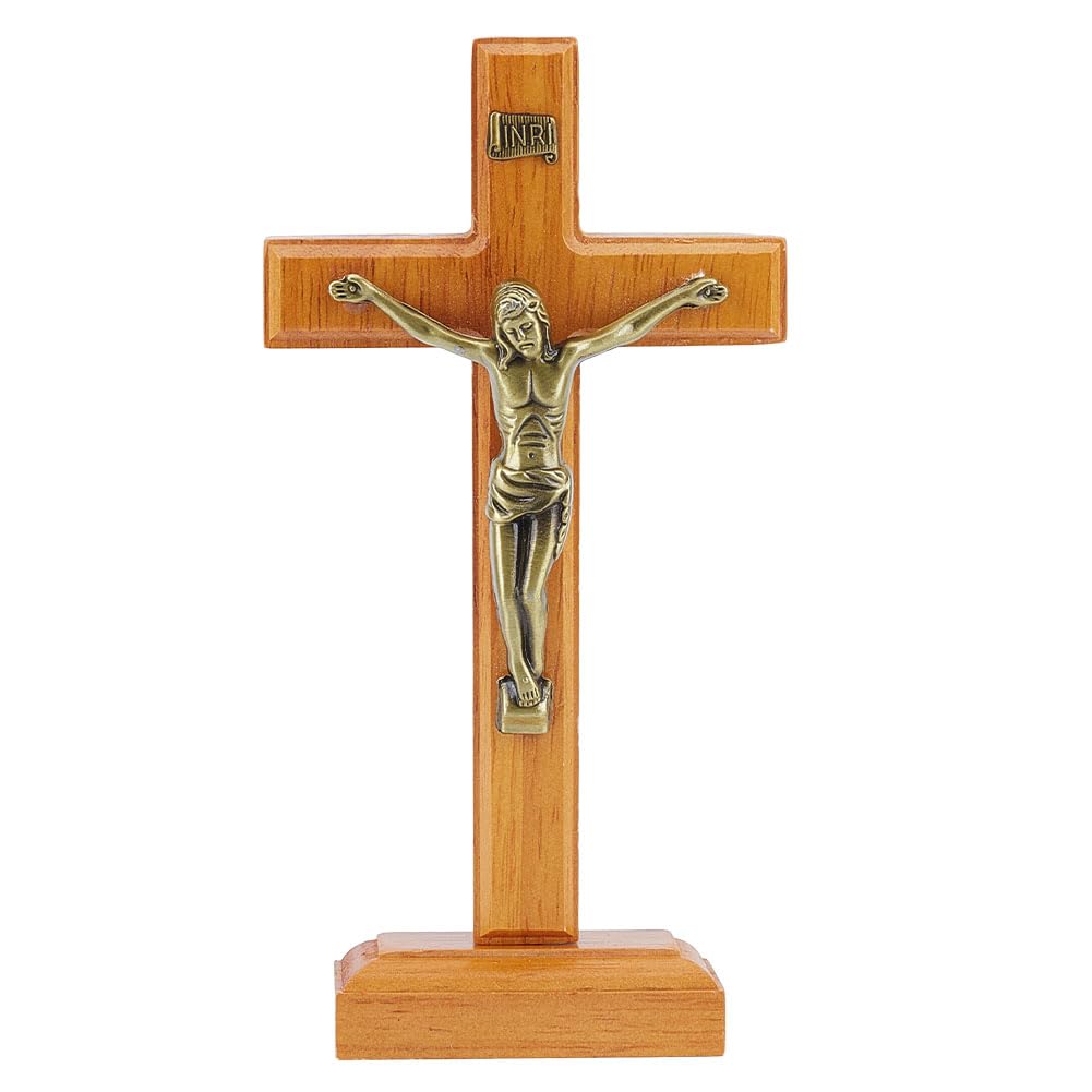 HOBBIESAY Croce Crocifisso in Piedi 19,5 cm Ornamento Croce da Tavolo in Legno Arancione Scuro in Piedi Supporto Croce da Parete in Legno Decorazione Croce Crocifisso Cattolica per la Decorazione