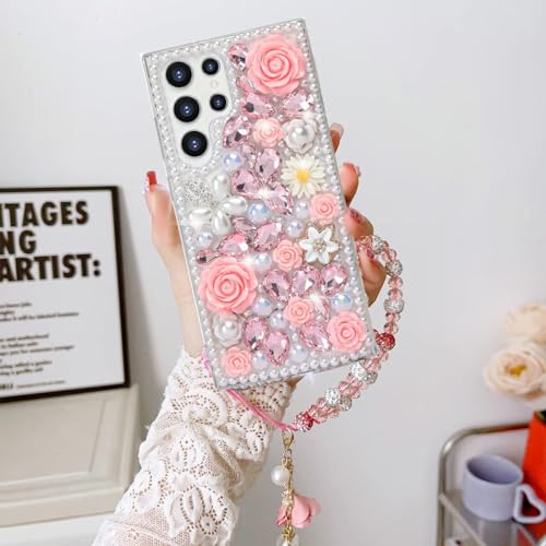 Image of Changjia for Samsung Galaxy S24 Ultra Glitter Bling Case, Cute Luxury 3D Sparkle Crystal Rhinestone Flowers Diamond Pearl with Lanyard Wrist Strap Women Girls Case for Galaxy S24 Ultra 6.8 Inch (Pink)