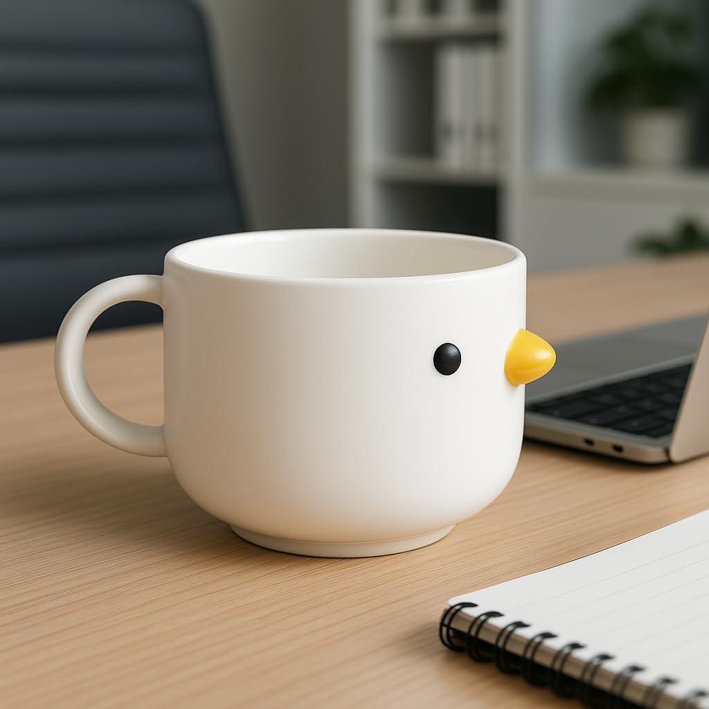 Tazza In Ceramica 325 Ml Con Motivo Foglie E Uccelli - Beige, Grigio E Giallo - Regalo Perfetto Per Ogni Occasione