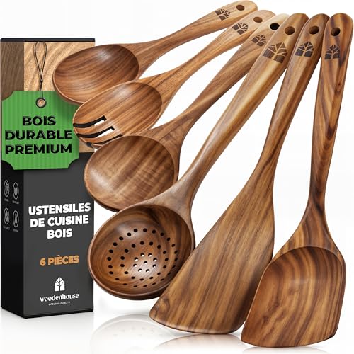 Ustensiles de Cuisine Bois - Ensemble Premium en Teck de 6 pièces avec Cuillère en Bois et Spatule Cuisine - Facile à nettoyer - Léger, Résistant à la...