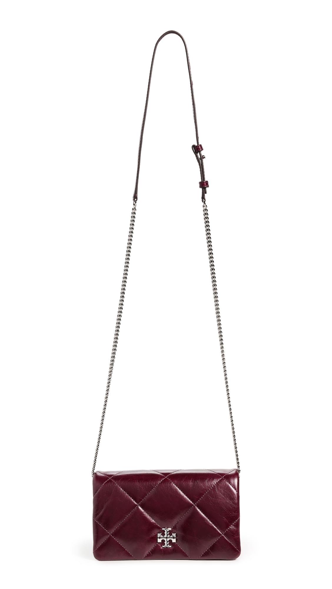 Tory Burch Women's Kira Diamond Quilt Distressed Chain Wallet On Chain, Dark Carmine, Purple, Red, One Size