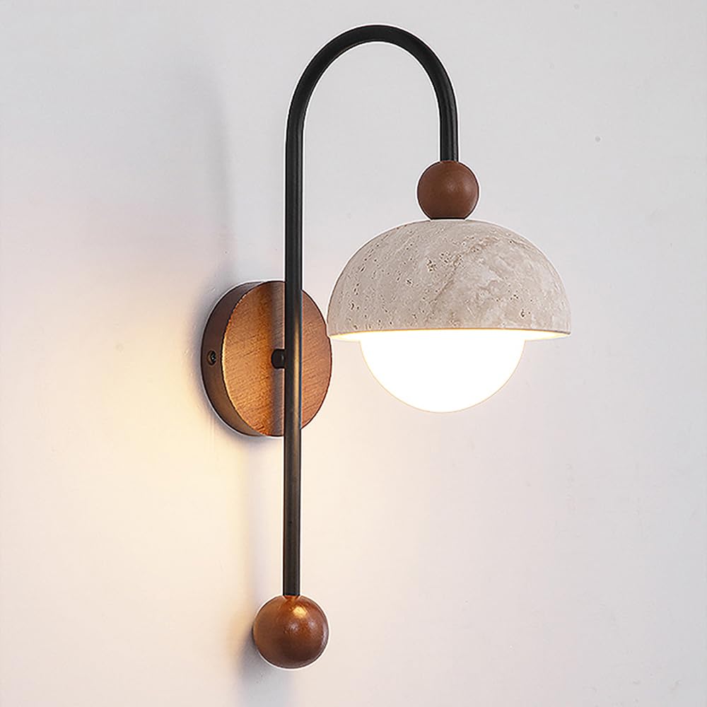 HUAYUSEDF Yellow Travertine Wall Sconce 15.75In Art Lighting Fixture Nordic Marble Semi Circle Lamp Japanese Natural Stone Bedside Light for Bedroom Foy