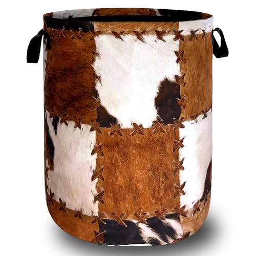 Image of Retro Cows Print Laundry Basket Cow Cowhide Brown Funny Laundry Hamper Foldable Oxford Cloth Animal Tote Bag Clothe Toy Storage Bucket 18.9"x16.5"For Bathroom/Laundry Storage/Bedroom