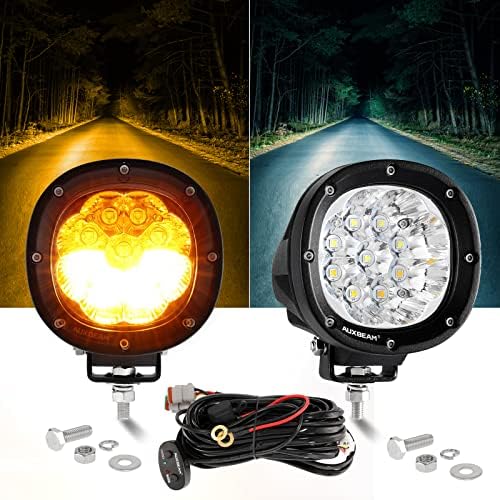 4inch Amber Round Offroad Lights, Auxbeam 90W Strobe Fog Light Pods 6 Modes Amber White Flashing Spot Light Bar w/Memory Function Plug & Play for Truck Car Ford Polaris Jeep Wrangler