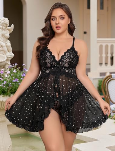 Image of Avidlove Plus Size Lingerie for Women Sexy Lingerie Dress Lace Babydoll Lingerie V-Neck Open Front Strap Nightdress