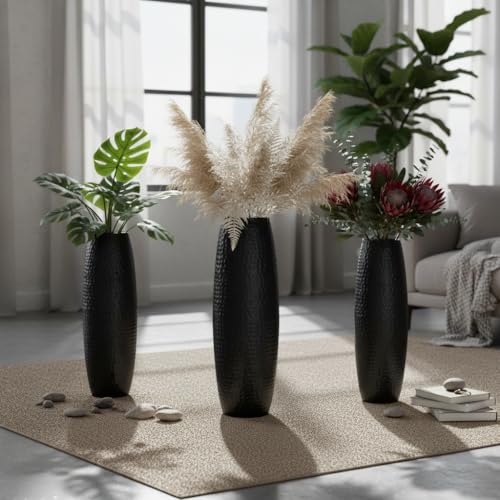 Image of RIZIK STORE Hammered Gold Metal Floor Flower Pot /Vase - 24.2 Inch Tall Round Decorative Vase for Living Room, Modern Minimalist for Dried Flowers, Antique Home Decor Accent (Black)