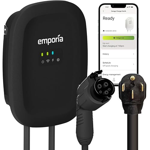EMPORIA Level 2 EV Charger - NEMA 14-50 EVSE w/ J1772 Charger - 48 amp EV Level 2, 240v WiFi Enabled Electric Vehicle Charging Station, 24ft Electric Cable, Black