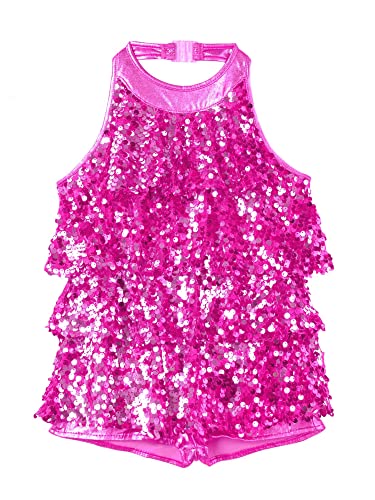 IEFIEL Maillot Lentejuelas de Patinaje Artistico para Niña Maillot Elástico de Gimnasia Ritmica Vestido de Danza Ballet Traje Patinaje Niña Fucsia 7-8 años Cover
