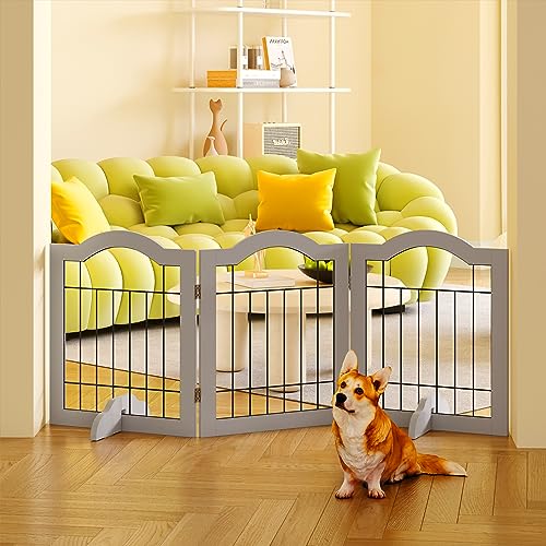 Image of GHQ&ME No-Assembly 60" Wide 24" Tall Freestanding Pet Gate, Wooden Folding Dog Gate for Doorways Stairs, Indoor Pet Puppy Fence with 2PCS Support Feet - Gray