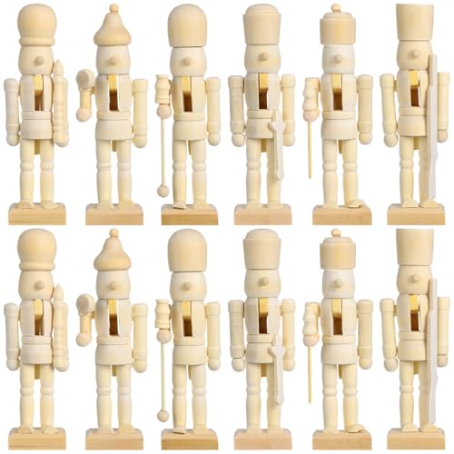 MAGICLULU Wooden Nutcrackers Unpainted, 12Pcs Wood Unfinished Christmas Nutcracker Figures Decor for DIY Craft Ornaments 5.11 x 1.57 x 1.18Inch