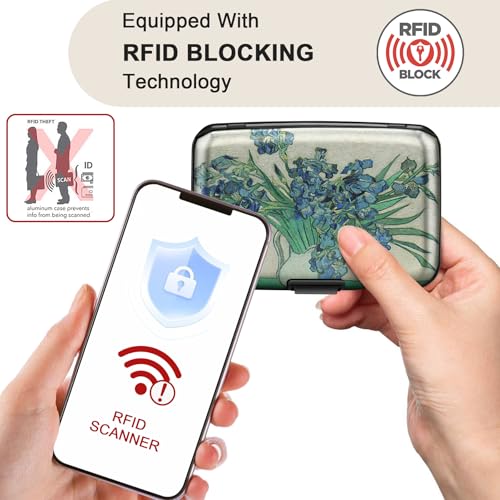 Image of ELFISH Mini RFID Aluminum Wallet Credit Cards Holder Business Card Case Metal ID Case for Men Women, Iris Flower 2#, 4.33 x 2.95 x 0.75 inches, Compact