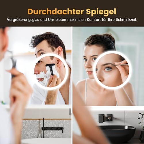 YOLEO Badspiegel mit Beleuchtung, LED Spiegel mit Uhr, Temperatur, 3-Fach Vergrößerung, Wandspiegel mit Steckdose, Badezimmerspiegel LED Beschlagfrei, 3 einstellbare Lichtfarbe, 100x60cm 3