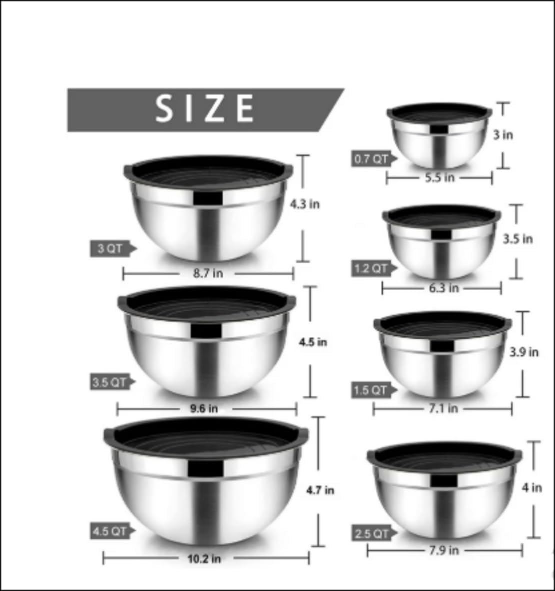 Stainless Steel Mixing Bowl Set with Lids, 7-Piece – Black