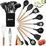 craxter set di utensili da cucina – set di 17 utensili da cucina in silicone con manici in legno, resistenti al calore, atossici e antiaderenti, set di spatole con misurini, migliori utensili da