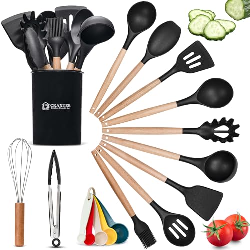 Kitchen Utensils Set – 17 Pcs Silicone Cooking Utensils Set with Wooden Handles Heat Resistant, Non-Toxic Non-Stick Spatula Set with Measuring Spoons Black