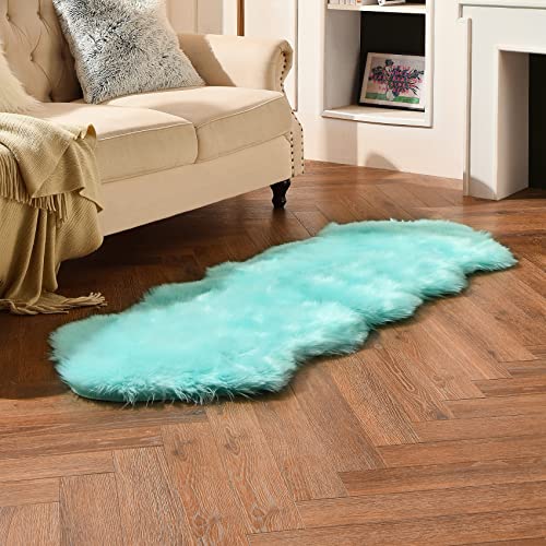 duduta Turquoise Blue Faux Sheepskin Runner Rugs 2x6 ft, Fluffy