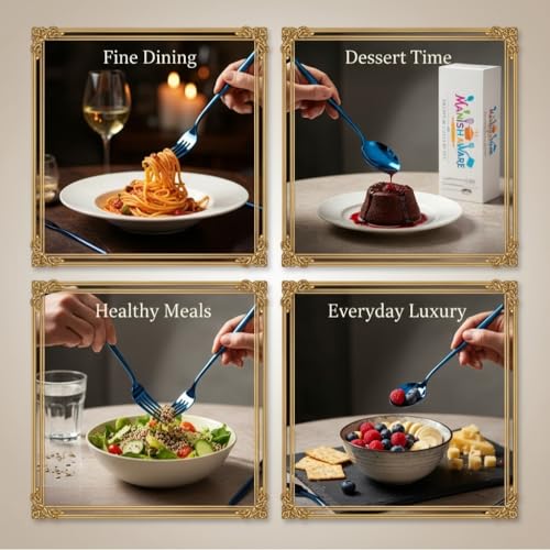 Image of Classic Blue 4 Pcs Stainless Steel Cutlery Set for Dining Table, Dishwasher Safe Glossy Flatware (Perfect Spoon Fork Set)