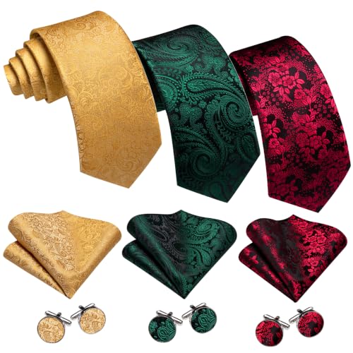 Image of Barry.Wang 6 PCS Men Ties Set Silk Business Fashion Woven Necktie Handkerchief Cufflinks Paisley Stripe Wedding Party