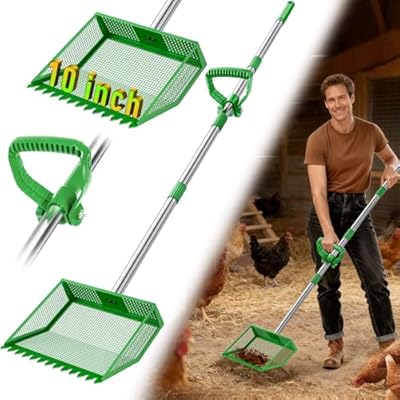 TOOGE Large Chicken Poop Scooper: 2-in-1 Metal Pooper Scooper & Rake Adjustable 62" Long Handle Stainless Steel Sand Sifting Litter Shovel Chicken Coop Scoop Cleaning Tool for Goat Farm Yard Green