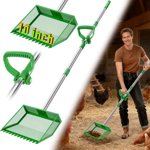 TOOGE Large Chicken Poop Scooper: 2-in-1 Metal Pooper Scooper & Rake Adjustable 62 Long Handle Stainless Steel Sand Sifting Litter Shovel Chicken Coop Scoop Cleaning Tool for Goat Farm Yard Green