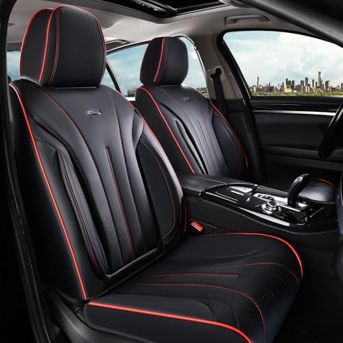 Image of Coverado Front Seat Covers, Luxury Nappa Leather Seat Cover, 2 Pack Waterproof Seat Cover for Cars, Universal Front Car Seat Protector, Breathable Car Seat Cushion Fit for Most Cars(Black &Red Line)
