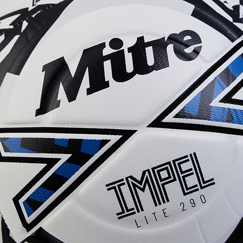 Mitre Impel Lite 290 Football | Highly Durable | Lightweight Ball, White/Black/Blue, 4 - 4