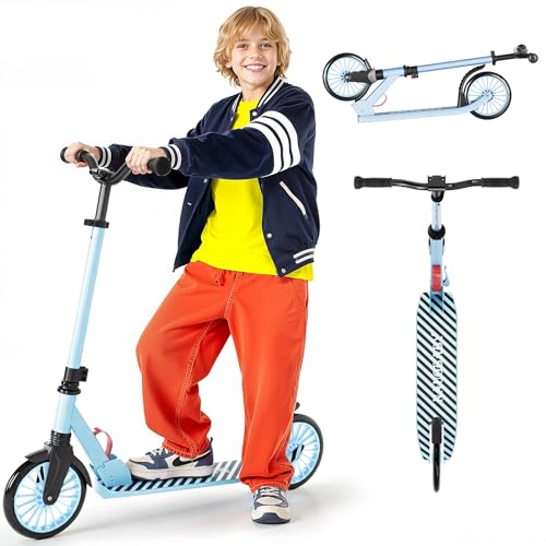 Scooters for Kids 5-7 8-12, Lightweight Foldable Kick Scooter, 4-Level Adjustable Handlebar, 8-Inch Large Wheels with Shock Absorption, for Ages 6 and Up (Light Blue)